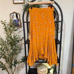 Faithfull the Brand Yellow Maxi A-Line Skirt with Ruffled High-Low Hem size m